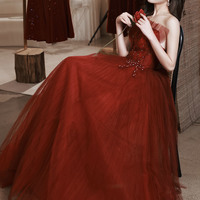 Burgundy tulle lace long prom dress evening dress - Thumbnail 2