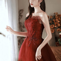 Burgundy tulle lace long prom dress evening dress - Thumbnail 4