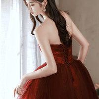 Burgundy tulle lace long prom dress evening dress - Thumbnail 6