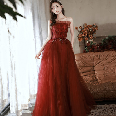 Burgundy tulle lace long prom dress evening dress - Thumbnail 4