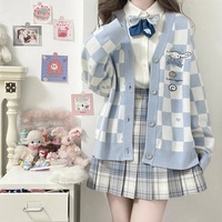 Cute Japanese Student School Uniform Knitted Cartoon Checkerboard Pattern Soft Girl Aesthetics Sweaters Cardigan - Thumbnail 1