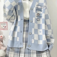 Cute Japanese Student School Uniform Knitted Cartoon Checkerboard Pattern Soft Girl Aesthetics Sweaters Cardigan - Thumbnail 4