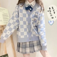 Cute Japanese Student School Uniform Knitted Cartoon Checkerboard Pattern Soft Girl Aesthetics Sweaters Cardigan - Thumbnail 5