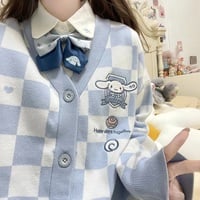 Cute Japanese Student School Uniform Knitted Cartoon Checkerboard Pattern Soft Girl Aesthetics Sweaters Cardigan - Thumbnail 3
