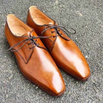 Handmade men's limited cognac leather finishing formal chukka design lace up shoes - Thumbnail 1