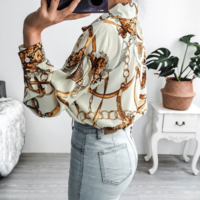 Long Sleeve Casual Cardigan Printed Chiffon Top - Thumbnail 2