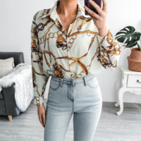 Long Sleeve Casual Cardigan Printed Chiffon Top - Thumbnail 1