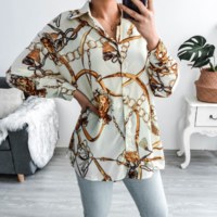 Long Sleeve Casual Cardigan Printed Chiffon Top - Thumbnail 4