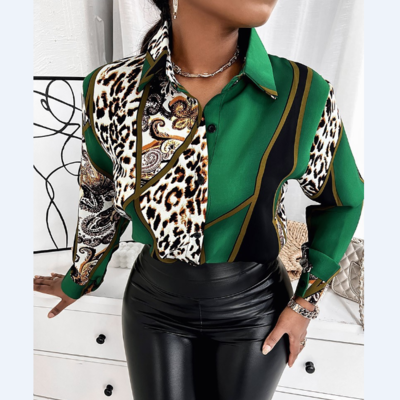 Women's printed button long sleeve shirt top - Thumbnail 1