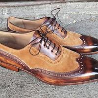 Cheap Price Hand Made Two Tone Wingtip Leather Suede Lace Up Shoes - Thumbnail 1