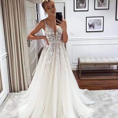 V neck wedding dresses bridal gown with appliques lace wd56 - Thumbnail 2