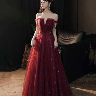 Burgundy tulle sequins long prom dress evening dress - Thumbnail 1