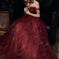 Burgundy tulle sequins long prom dress evening dress - Thumbnail 2