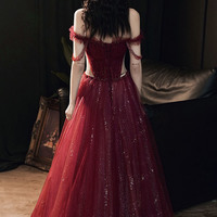 Burgundy tulle sequins long prom dress evening dress - Thumbnail 3