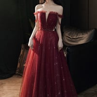 Burgundy tulle sequins long prom dress evening dress - Thumbnail 4
