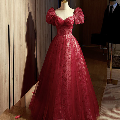 Burgundy tulle sequins long prom dress evening dress - Thumbnail 2