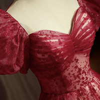 Burgundy tulle sequins long prom dress evening dress - Thumbnail 1