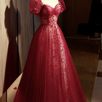 Burgundy tulle sequins long prom dress evening dress - Thumbnail 2