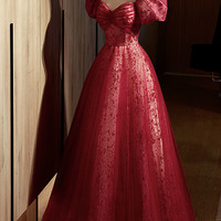 Burgundy tulle sequins long prom dress evening dress - Thumbnail 3