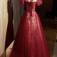 Burgundy tulle sequins long prom dress evening dress - Thumbnail 4