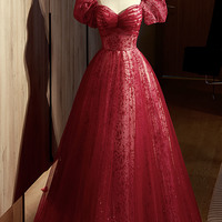 Burgundy tulle sequins long prom dress evening dress - Thumbnail 5