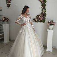 Elegant Ball Gown Floral Lace Long Sleeves Bride Dress Tulle Skirt Wedding Dresses,899 - Thumbnail 1