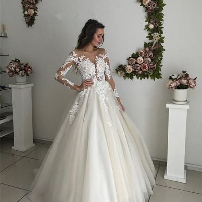Elegant ball gown floral lace long sleeves bride dress tulle skirt wedding dresses,899