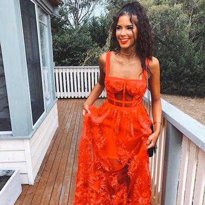 Sp2245,elegant red lace see through long prom dresses,straps applique evening formal gown