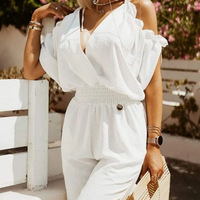 Casual White Off-The-Shoulder Short-Sleeve V-Neck Jumpsuit - Thumbnail 1