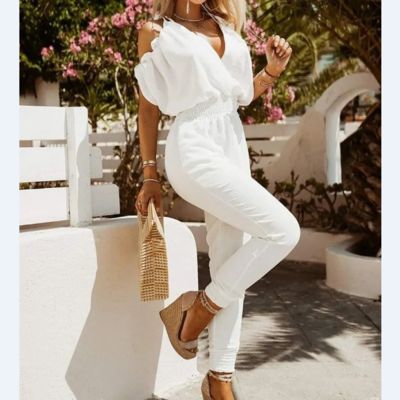 Casual white off-the-shoulder short-sleeve v-neck jumpsuit