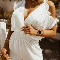 Casual White Off-The-Shoulder Short-Sleeve V-Neck Jumpsuit - Thumbnail 3
