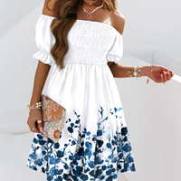 One-Shoulder Short Sleeve Printed Casual Dress - Thumbnail 1