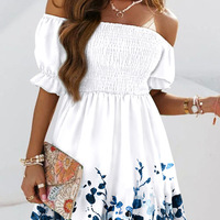 One-Shoulder Short Sleeve Printed Casual Dress - Thumbnail 2