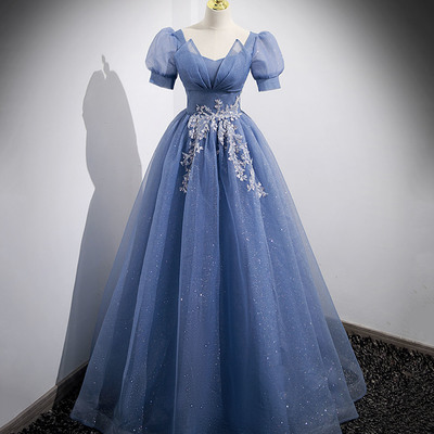 Blue tulle lace long prom dress evening dress - Thumbnail 1