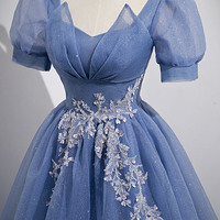 Blue tulle lace long prom dress evening dress - Thumbnail 1