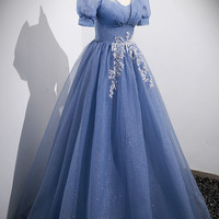 Blue tulle lace long prom dress evening dress - Thumbnail 2