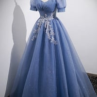 Blue tulle lace long prom dress evening dress - Thumbnail 3
