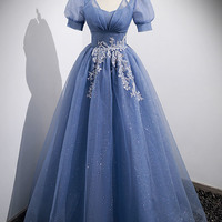 Blue tulle lace long prom dress evening dress - Thumbnail 5