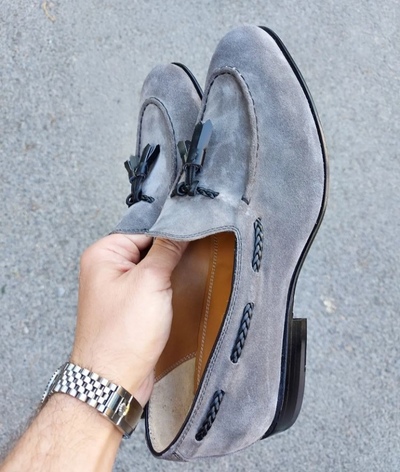Handmade Men's Awesome Attractive Grey Colour Loafers Moccasin Shoes