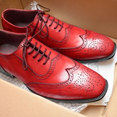 Handmade red leather decent wear wingtip oxford christmas men's shoes