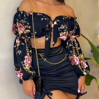 One-Shoulder Printed Long-Sleeve Two-Piece Suit - Thumbnail 2