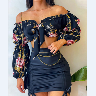 One-shoulder printed long-sleeve two-piece suit