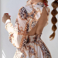 Design Print Long Sleeve Open Back Jumpsuit - Thumbnail 2
