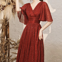 Burgundy V-neck short prom dress homecoming dress - Thumbnail 1