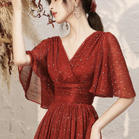 Burgundy V-neck short prom dress homecoming dress - Thumbnail 2