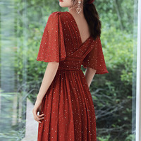 Burgundy V-neck short prom dress homecoming dress - Thumbnail 3