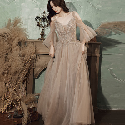 Stylish v-neck tulle lace long prom dress evening dress - Thumbnail 1