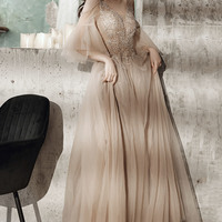 Stylish V-neck tulle lace long prom dress evening dress - Thumbnail 1