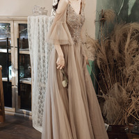 Stylish V-neck tulle lace long prom dress evening dress - Thumbnail 2