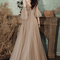 Stylish V-neck tulle lace long prom dress evening dress - Thumbnail 3